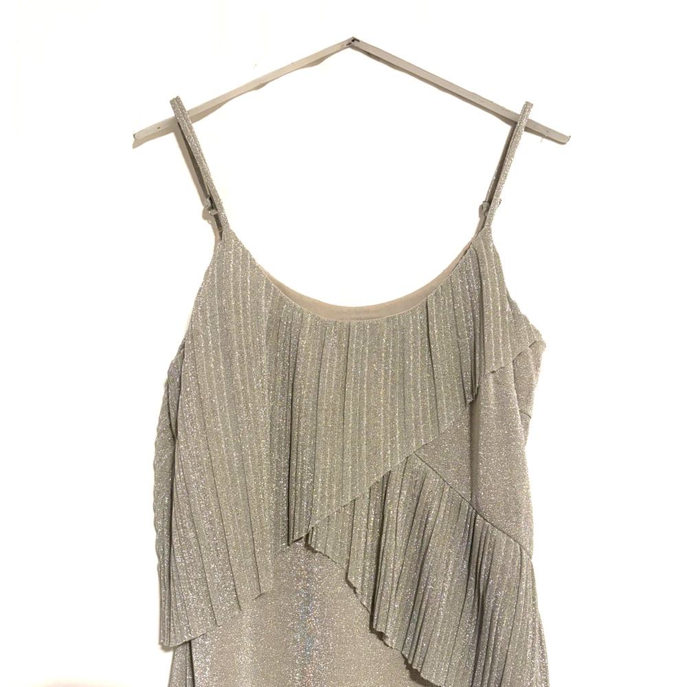 Adelyn Rae Dress Large Silver Midi Asymmetrical Ruffles Cocktail Formal - Picture 2 of 10
